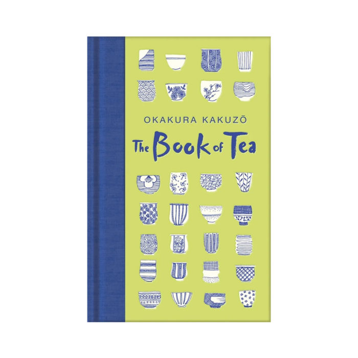 Front cover of The Book of Tea by Okakura Kakuzō: lime green background with a blue spine and rows of small blue teacup illustrations.