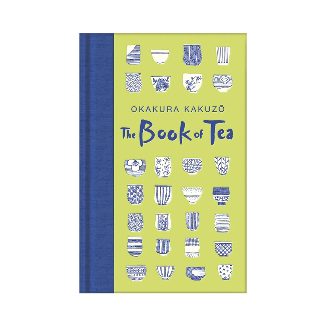 Front cover of The Book of Tea by Okakura Kakuzō: lime green background with a blue spine and rows of small blue teacup illustrations.