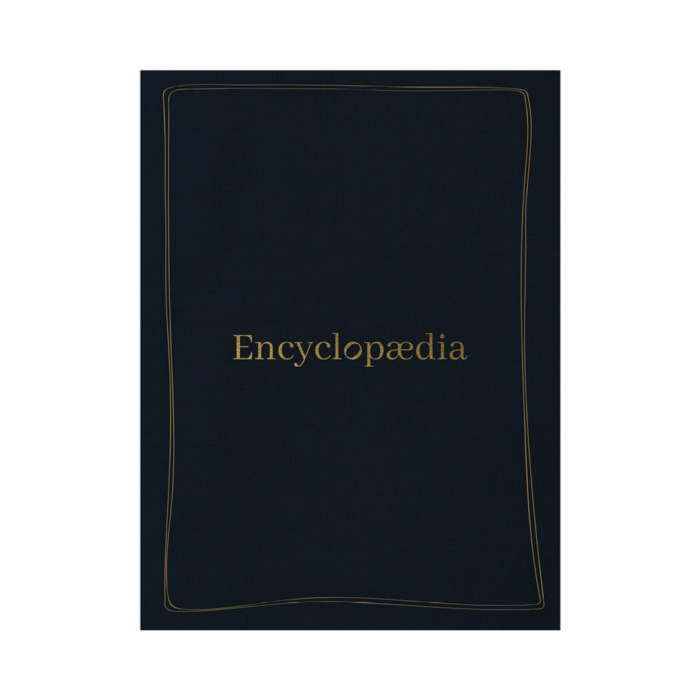 Dark blue book cover with thin gold border and the word Encyclopaedia in gold lettering.