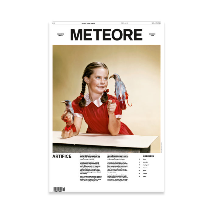 Girl with braided hair in a red dress holds two colorful birds at a table on a magazine cover of METEORE?ARTIFICE section? (informative cover image)