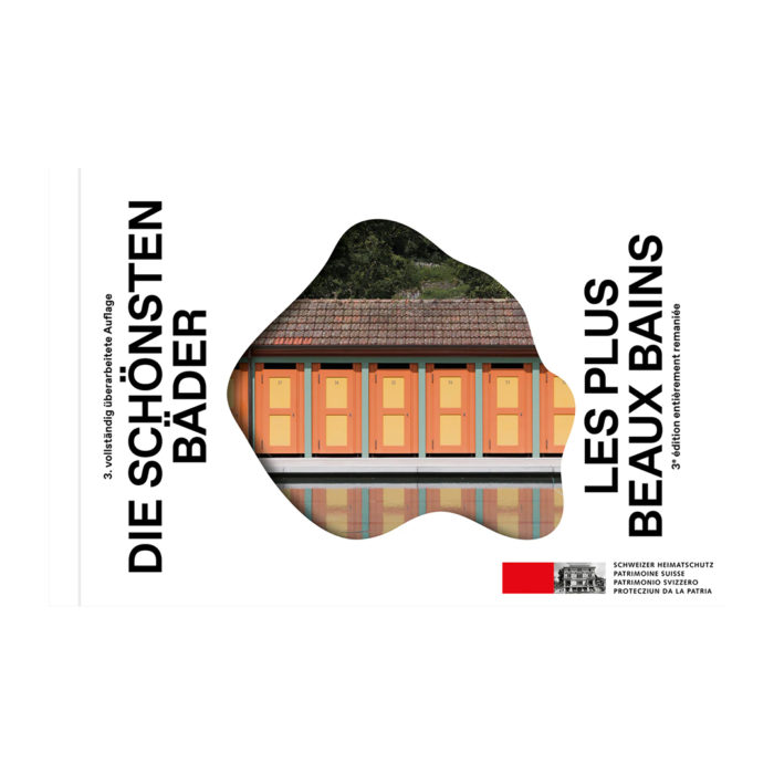 Book cover with a blob-shaped photo of orange doors over water; vertical German and French titles flank the image; Swiss heritage logo at bottom right.