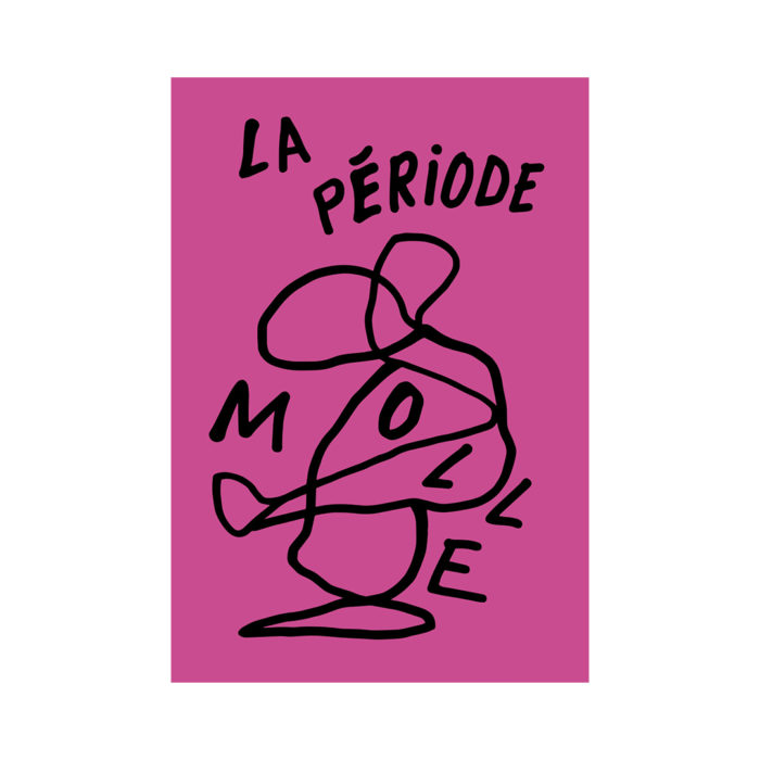Abstract pink poster with a black, continuous-line doodle forming a stylized figure, and the words 'LA PÉRIODE' at the top.