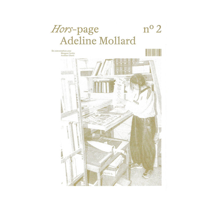 Zine cover page with text 'Hors-page Adeline Mollard n°2' and a grayscale photo of a person standing at a cluttered desk in a room full of shelves.