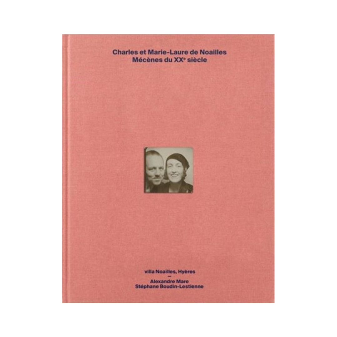 Pink book cover titled Charles et Marie-Laure de Noailles Mécènes du XXe siècle, with a small sepia photo of two people centered.
