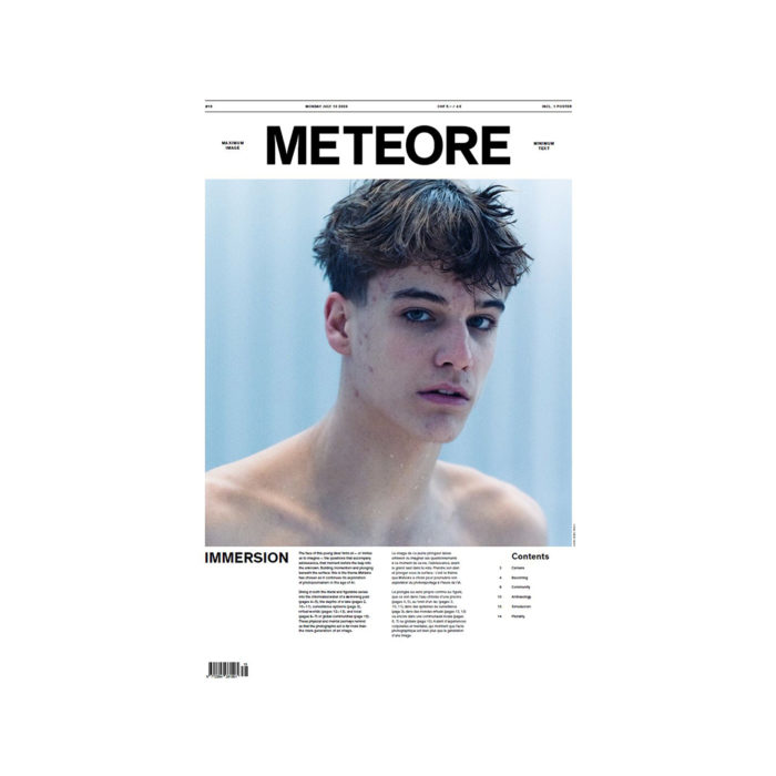 METEORE magazine cover featuring a close-up portrait of a young man with wet hair against a blue background.