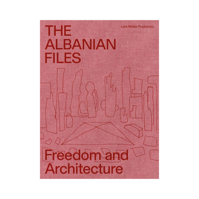 Book cover: The Albanian Files—Freedom and Architecture, red line-drawing city skyline on a textured red background.