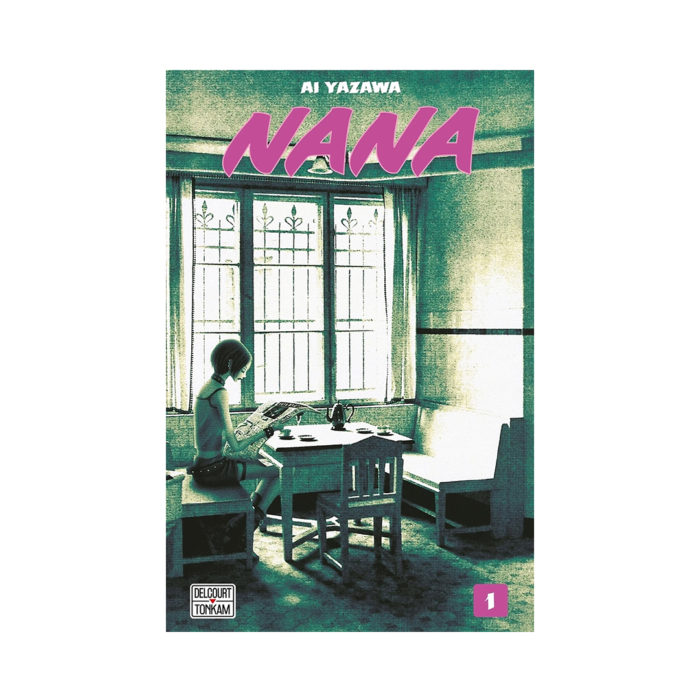 Manga cover for Nana by Ai Yazawa, showing a girl reading at a small table by large windows in a pale-green room, with bold pink NAN A title across the top (Volume 1).