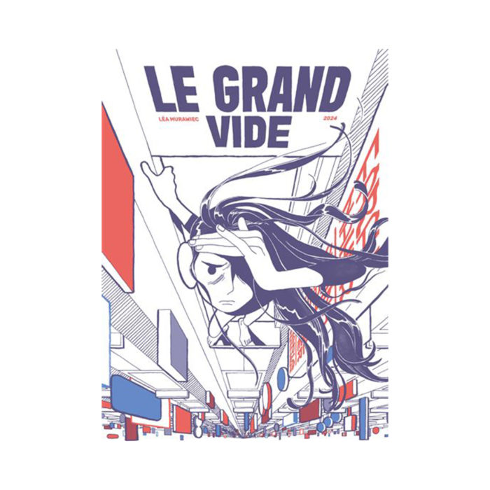 Poster-style illustration for Le Grand Vide: a worried girl with flowing hair shielding her eyes above a blue‑red urban street.