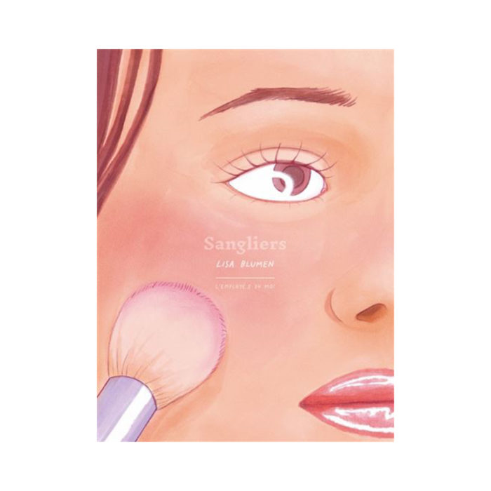 Illustrated close-up of a woman's face as a makeup brush applies pink blush to her cheek.