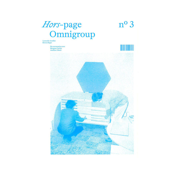 Cover of Hors-page Omnigroup no.3, featuring a blue-tinted photo of two people at a piano and a large blue hexagon above them, with minimal typography.