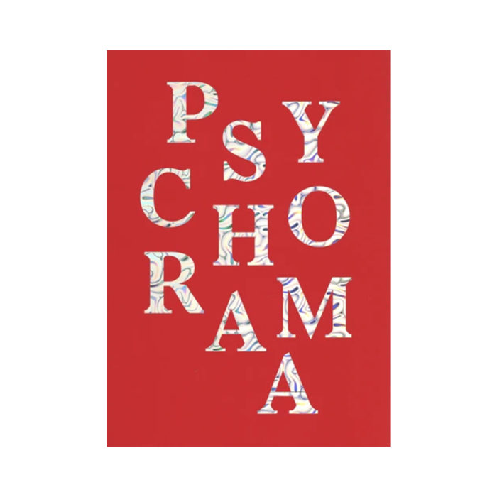 Red poster with white marbled typography spelling PSYCHROMA arranged in a stacked grid.